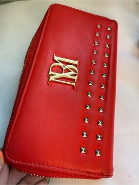 Badgley Mischka Red Zip Around Wallet Studded Gold Hardware